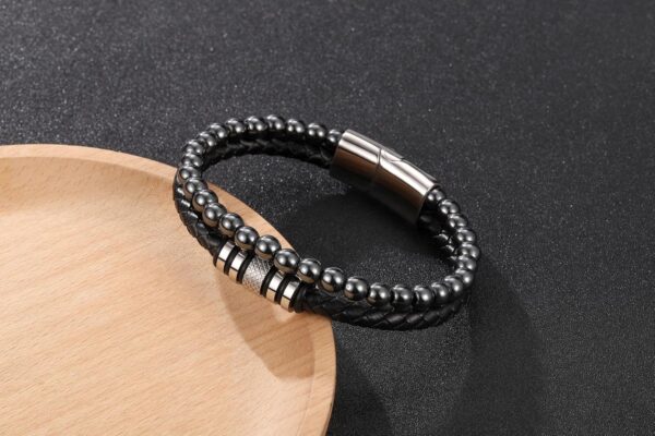 Bracelet homme cuir hématite Jovivi cadeau papa Noël-1