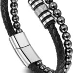 Bracelet homme cuir hématite Jovivi cadeau papa Noël-0