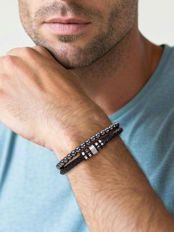 Bracelet homme cuir hématite Jovivi cadeau papa Noël-2
