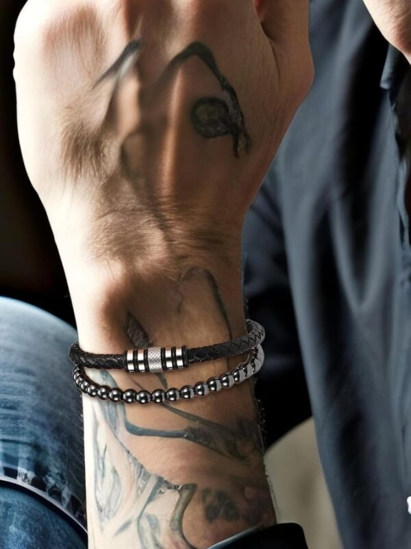 Bracelet homme cuir hématite Jovivi cadeau papa Noël-3