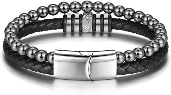 Bracelet homme cuir hématite Jovivi cadeau papa Noël-6