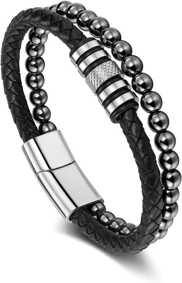 Bracelet homme cuir hématite Jovivi cadeau papa Noël-0
