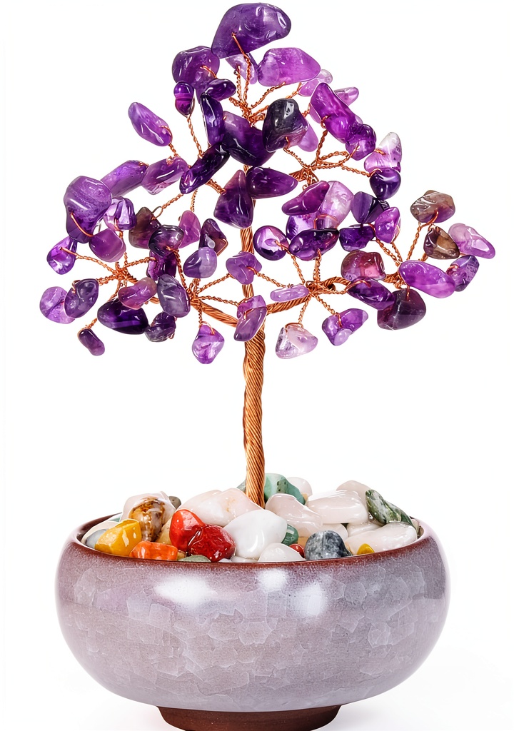 Arbre de vie en améthyste Jovivi sur une table de bureau