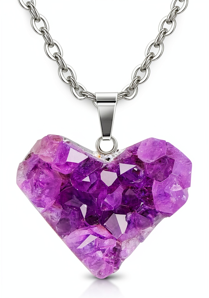 Collier JOVIVI cœur améthyste porté sur une tenue élégante