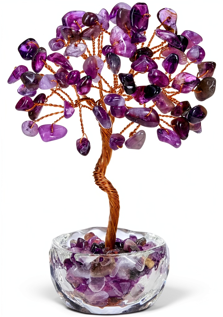 Arbre de vie Jovivi en cristal améthyste posé sur une table de bureau moderne, mettant en valeur son design et sa stabilité